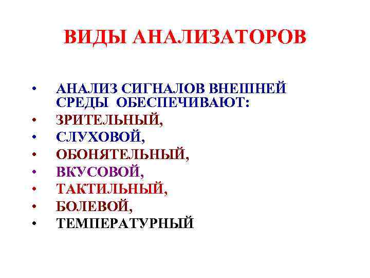 ВИДЫ АНАЛИЗАТОРОВ • • АНАЛИЗ СИГНАЛОВ ВНЕШНЕЙ СРЕДЫ ОБЕСПЕЧИВАЮТ: ЗРИТЕЛЬНЫЙ, СЛУХОВОЙ, ОБОНЯТЕЛЬНЫЙ, ВКУСОВОЙ, ТАКТИЛЬНЫЙ,
