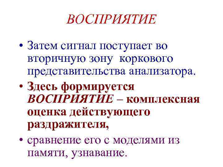 ВОСПРИЯТИЕ • Затем сигнал поступает во вторичную зону коркового представительства анализатора. • Здесь формируется