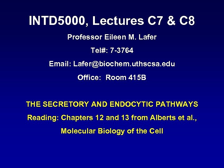 INTD 5000, Lectures C 7 & C 8 Professor Eileen M. Lafer Tel#: 7