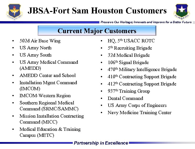 JBSA-Fort Sam Houston Customers Preserve Our Heritage; Innovate and improve for a Better Future