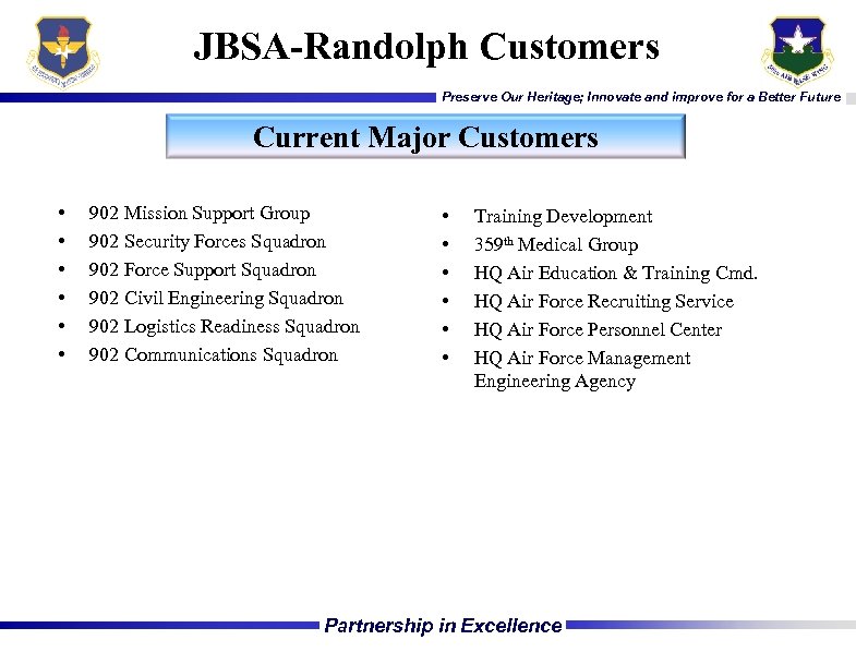 JBSA-Randolph Customers Preserve Our Heritage; Innovate and improve for a Better Future Current Major