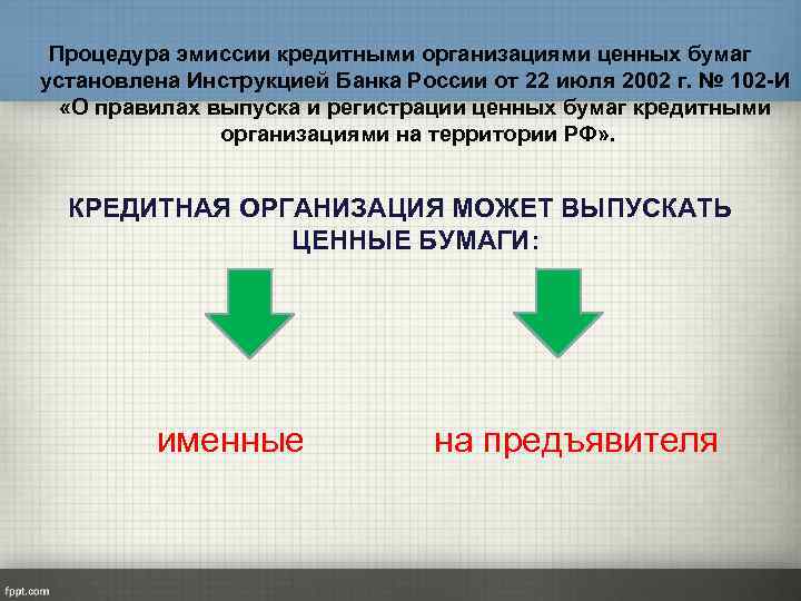 Процедура эмиссии кредитными организациями ценных бумаг установлена Инструкцией Банка России от 22 июля 2002