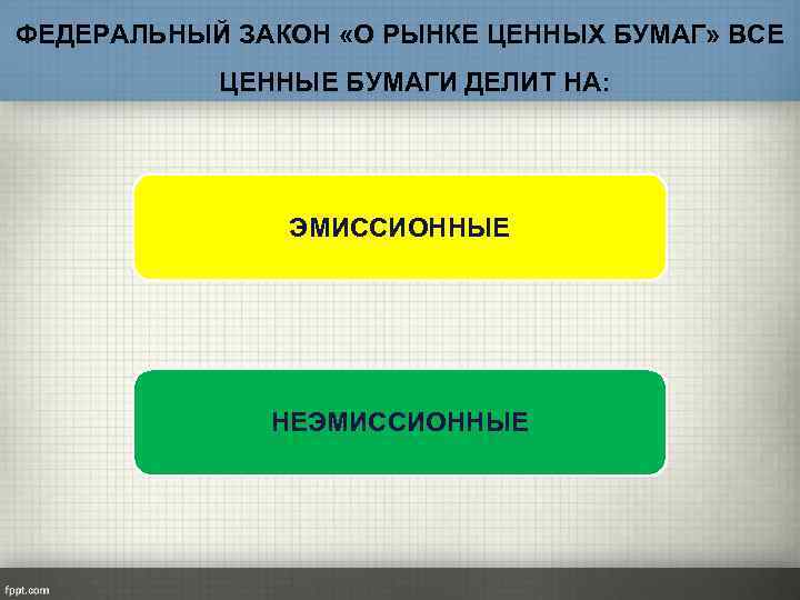 ФЕДЕРАЛЬНЫЙ ЗАКОН «О РЫНКЕ ЦЕННЫХ БУМАГ» ВСЕ ЦЕННЫЕ БУМАГИ ДЕЛИТ НА: ЭМИССИОННЫЕ НЕЭМИССИОННЫЕ 