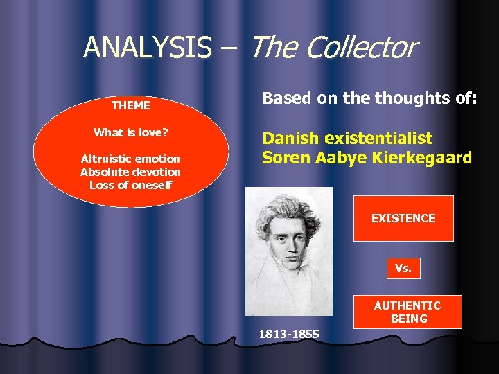 ANALYSIS – The Collector THEME What is love? Altruistic emotion Absolute devotion Loss of