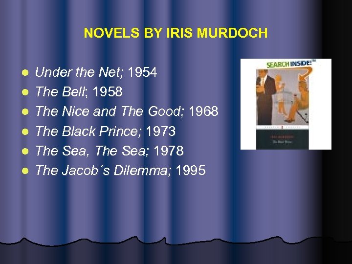 NOVELS BY IRIS MURDOCH l l l Under the Net; 1954 The Bell; 1958