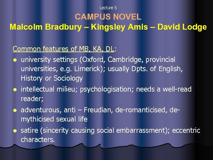  Lecture 5 CAMPUS NOVEL Malcolm Bradbury – Kingsley Amis – David Lodge Common