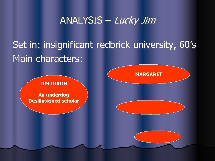 ANALYSIS – Lucky Jim Set in: insignificant redbrick university, 60’s Main characters: MARGARET JIM