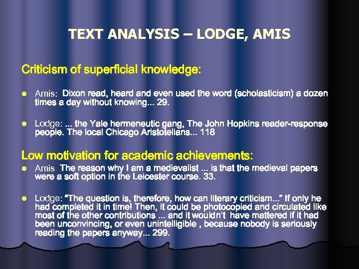TEXT ANALYSIS – LODGE, AMIS Criticism of superficial knowledge: l Amis: Dixon read, heard