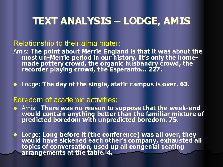 TEXT ANALYSIS – LODGE, AMIS Relationship to their alma mater: Amis: The point about