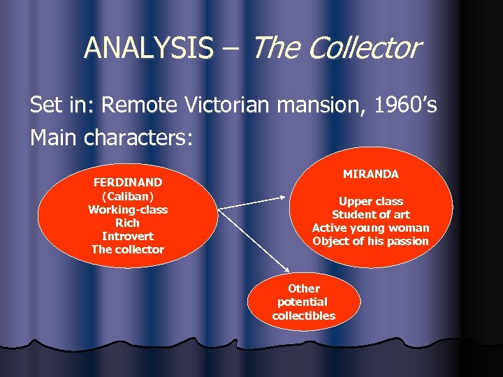 ANALYSIS – The Collector Set in: Remote Victorian mansion, 1960’s Main characters: FERDINAND (Caliban)