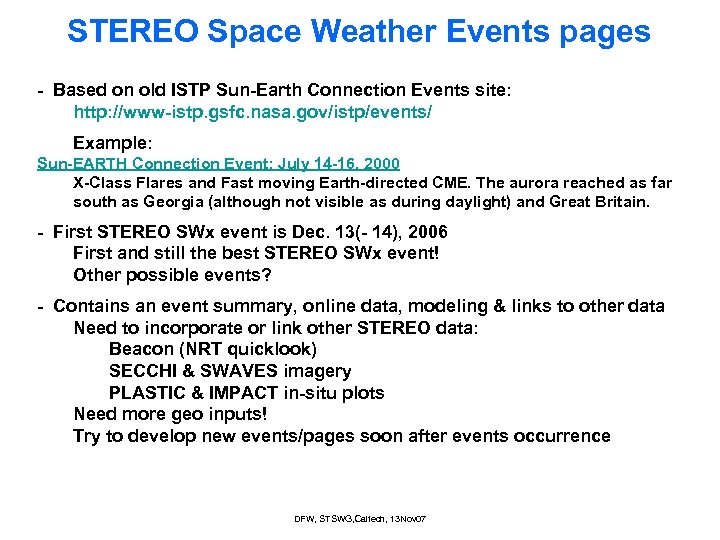 STEREO Space Weather Events pages - Based on old ISTP Sun-Earth Connection Events site:
