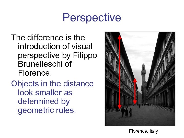 Perspective The difference is the introduction of visual perspective by Filippo Brunelleschi of Florence.