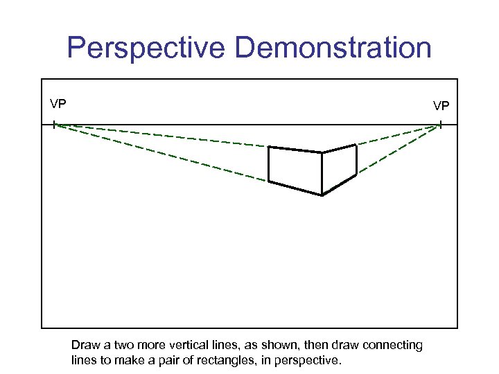 Perspective Demonstration VP VP Draw a two more vertical lines, as shown, then draw