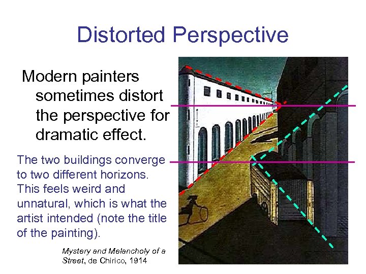 Distorted Perspective Modern painters sometimes distort the perspective for dramatic effect. The two buildings