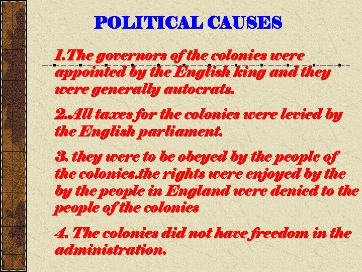 POLITICAL CAUSES 1. The governors of the colonies were appointed by the English king