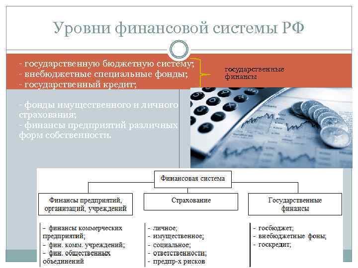 Уровни финансовой системы РФ - государственную бюджетную систему; - внебюджетные специальные фонды; - государственный