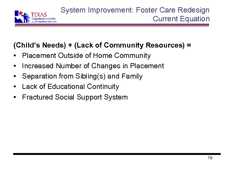 System Improvement: Foster Care Redesign Current Equation (Child’s Needs) + (Lack of Community Resources)