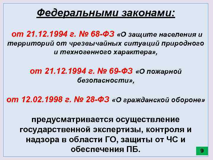 Федеральными законами: от 21. 12. 1994 г. № 68 -ФЗ «О защите населения и