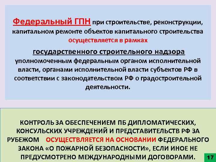 Федеральный ГПН при строительстве, реконструкции, капитальном ремонте объектов капитального строительства осуществляется в рамках государственного