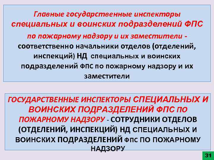 Главные государственные инспекторы специальных и воинских подразделений ФПС по пожарному надзору и их заместители