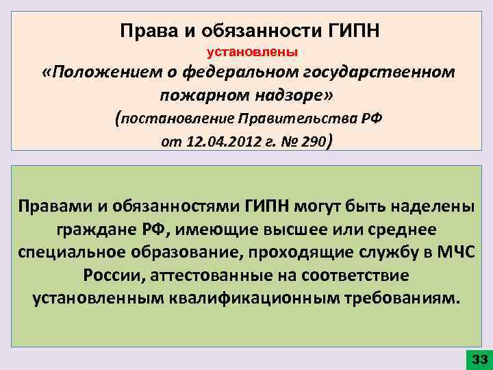  Права и обязанности ГИПН установлены «Положением о федеральном государственном пожарном надзоре» (постановление Правительства