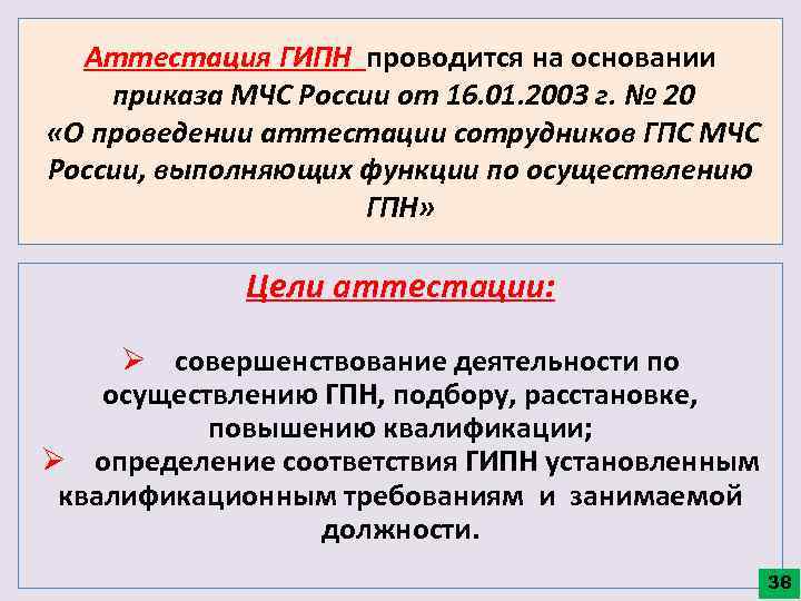 Аттестация ГИПН проводится на основании приказа МЧС России от 16. 01. 2003 г. №