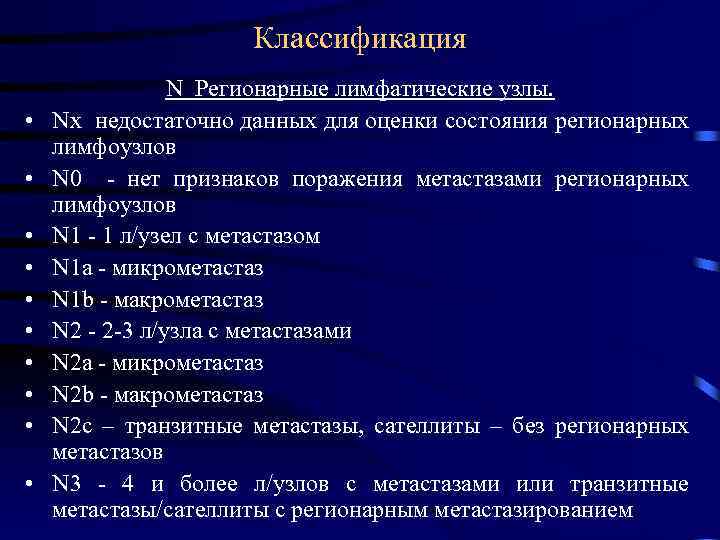 Классификация • • • N Регионарные лимфатические узлы. Nх недостаточно данных для оценки состояния