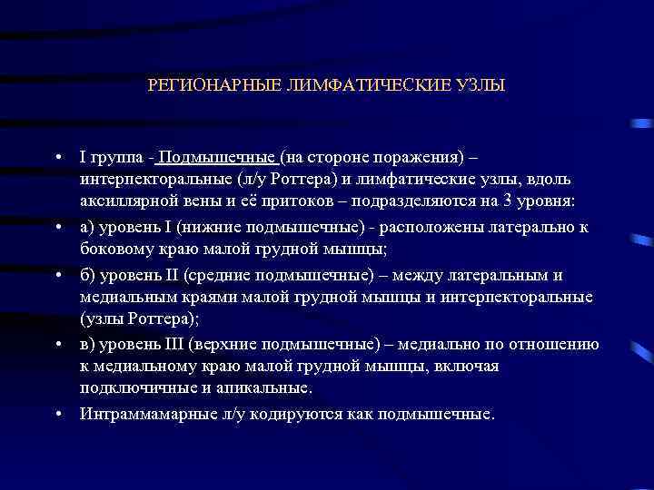 РЕГИОНАРНЫЕ ЛИМФАТИЧЕСКИЕ УЗЛЫ • I группа - Подмышечные (на стороне поражения) – интерпекторальные (л/у