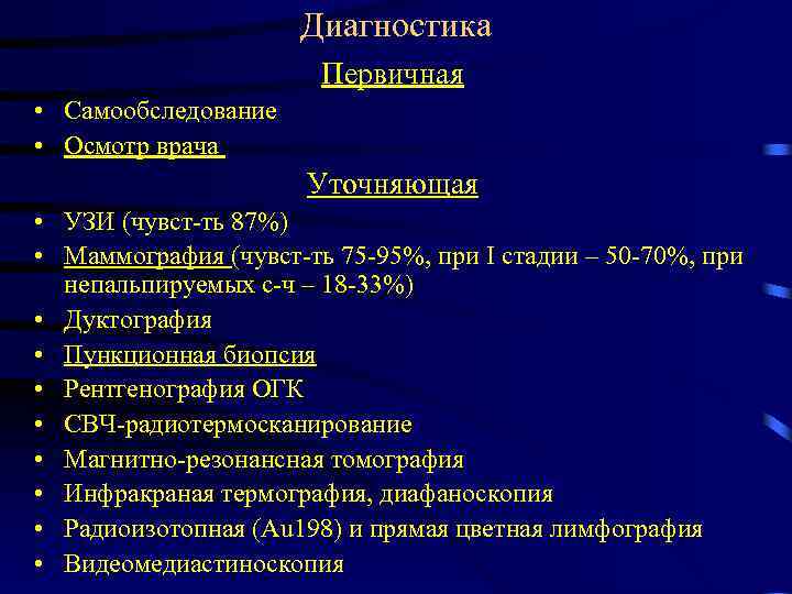 Диагностика Первичная • Самообследование • Осмотр врача Уточняющая • УЗИ (чувст-ть 87%) • Маммография