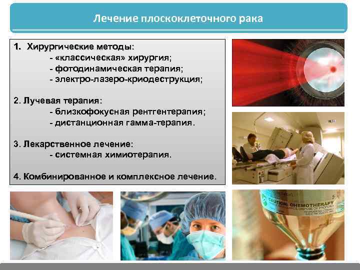 Лечение плоскоклеточного рака 1. Хирургические методы: - «классическая» хирургия; - фотодинамическая терапия; - электро-лазеро-криодеструкция;