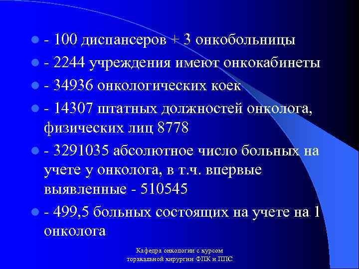l - 100 диспансеров + 3 онкобольницы l - 2244 учреждения имеют онкокабинеты l