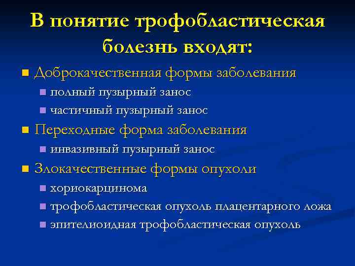В понятие трофобластическая болезнь входят: n Доброкачественная формы заболевания полный пузырный занос n частичный