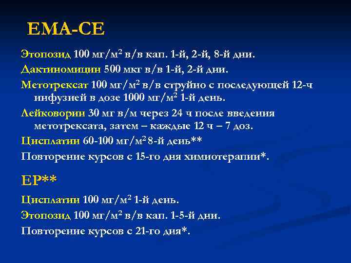 EMA-CE Этопозид 100 мг/м 2 в/в кап. 1 -й, 2 -й, 8 -й дни.