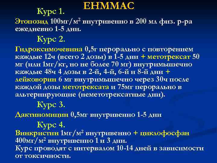 Курс 1. ЕНММАС Этопозид 100 мг/м 2 внутривенно в 200 мл физ. р-ра ежедневно