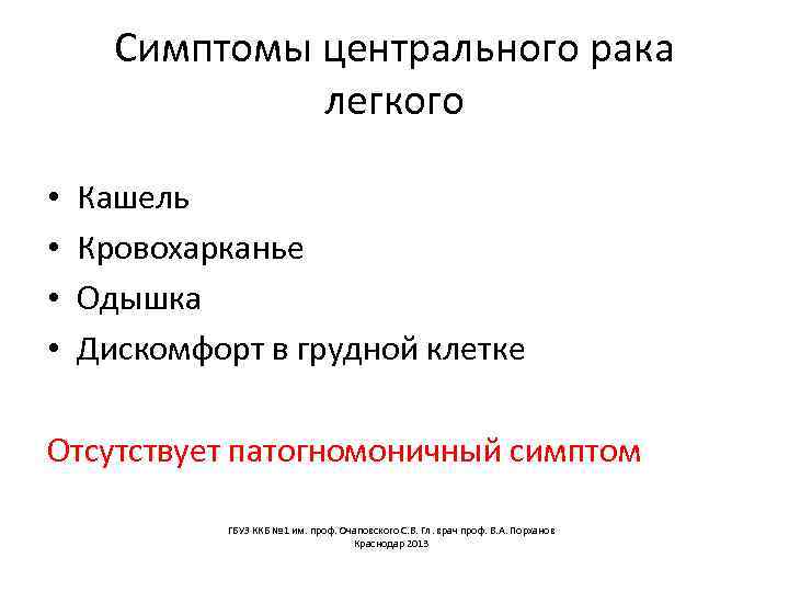 Симптомы центрального рака легкого • • Кашель Кровохарканье Одышка Дискомфорт в грудной клетке Отсутствует