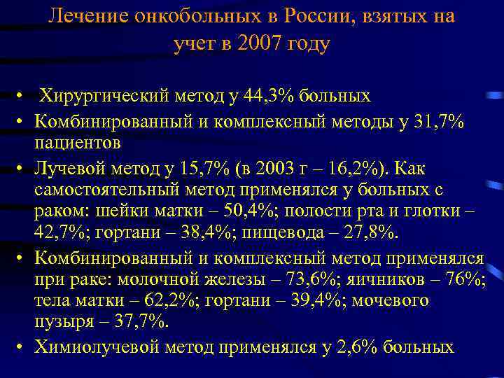 Лечение онкобольных в России, взятых на учет в 2007 году • Хирургический метод у