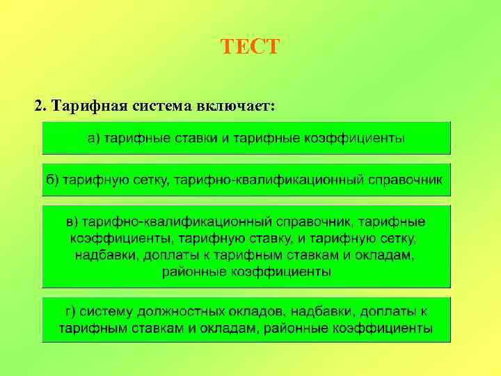 ТЕСТ 2. Тарифная система включает: 