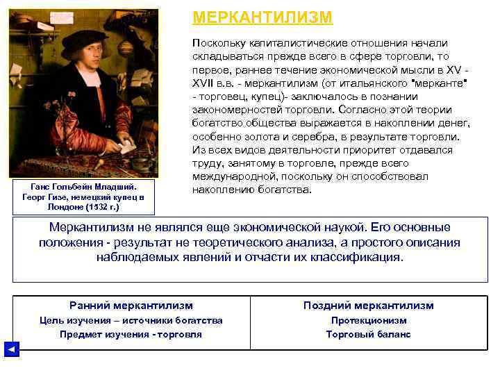 МЕРКАНТИЛИЗМ Ганс Гольбейн Младший. Георг Гизе, немецкий купец в Лондоне (1532 г. ) Поскольку