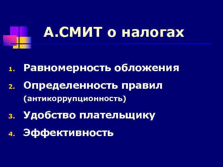 А. СМИТ о налогах 1. Равномерность обложения 2. Определенность правил (антикоррупционность) 3. Удобство плательщику