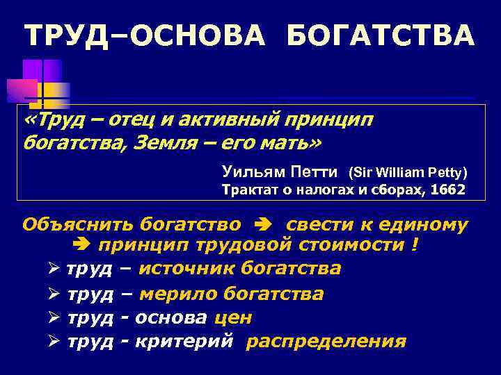 ТРУД–ОСНОВА БОГАТСТВА «Труд – отец и активный принцип богатства, Земля – его мать» Уильям