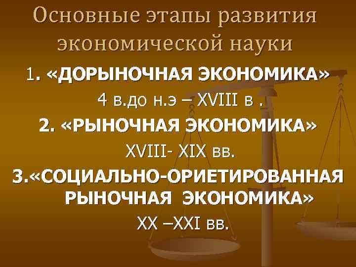 Основные этапы развития экономической науки 1. «ДОРЫНОЧНАЯ ЭКОНОМИКА» 4 в. до н. э –