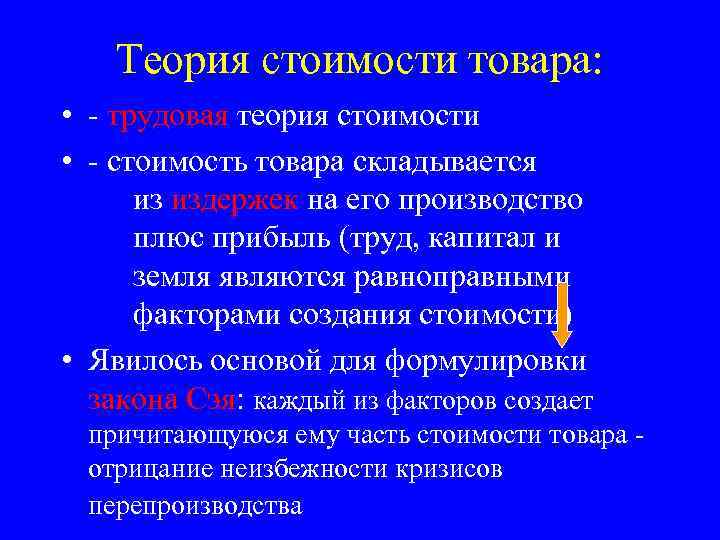 Теория стоимости товара: • - трудовая теория стоимости • - стоимость товара складывается из