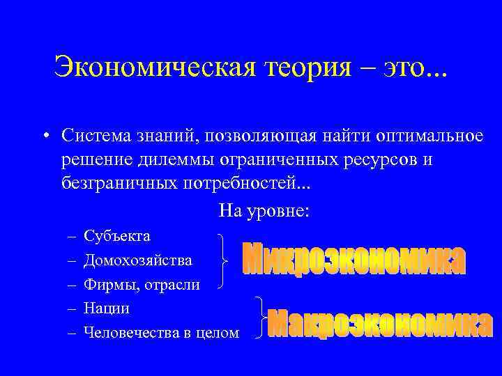 Экономическая теория – это. . . • Система знаний, позволяющая найти оптимальное решение дилеммы