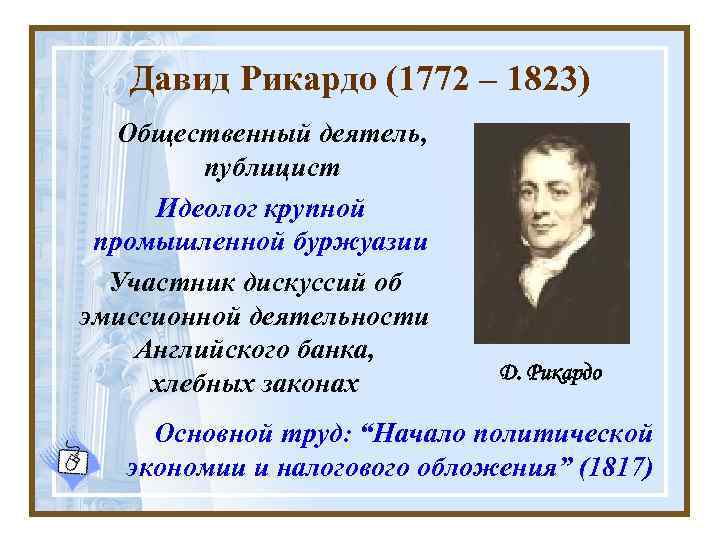 Давид Рикардо (1772 – 1823) Общественный деятель, публицист Идеолог крупной промышленной буржуазии Участник дискуссий