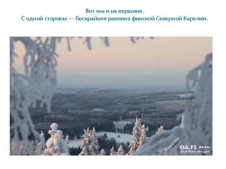 Вот мы и на вершине. С одной стороны — бескрайняя равнина финской Северной Карелии.