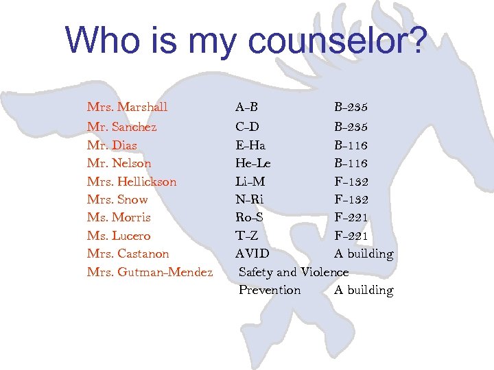 Who is my counselor? Mrs. Marshall Mr. Sanchez Mr. Dias Mr. Nelson Mrs. Hellickson