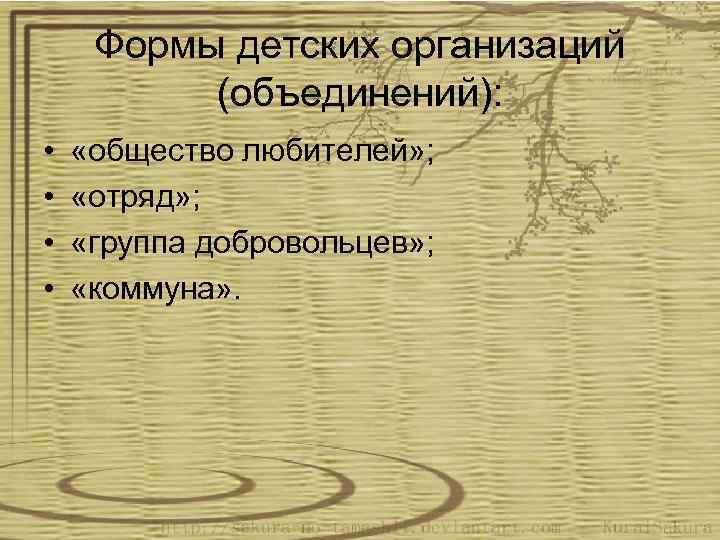 Формы детских организаций (объединений): • • «общество любителей» ; «отряд» ; «группа добровольцев» ;