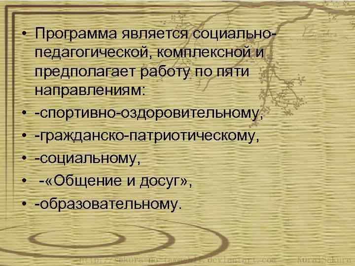  • Программа является социальнопедагогической, комплексной и предполагает работу по пяти направлениям: • -спортивно-оздоровительному,