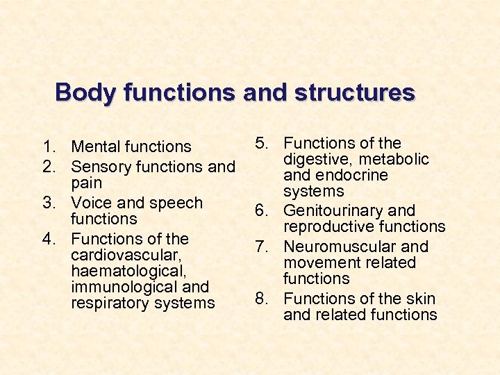 Body functions and structures 1. Mental functions 2. Sensory functions and pain 3. Voice