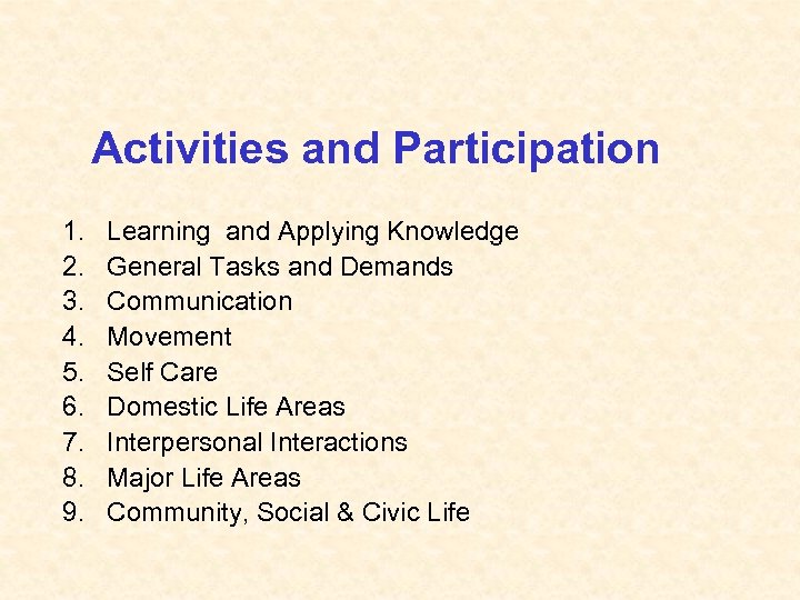 Activities and Participation 1. 2. 3. 4. 5. 6. 7. 8. 9. Learning and